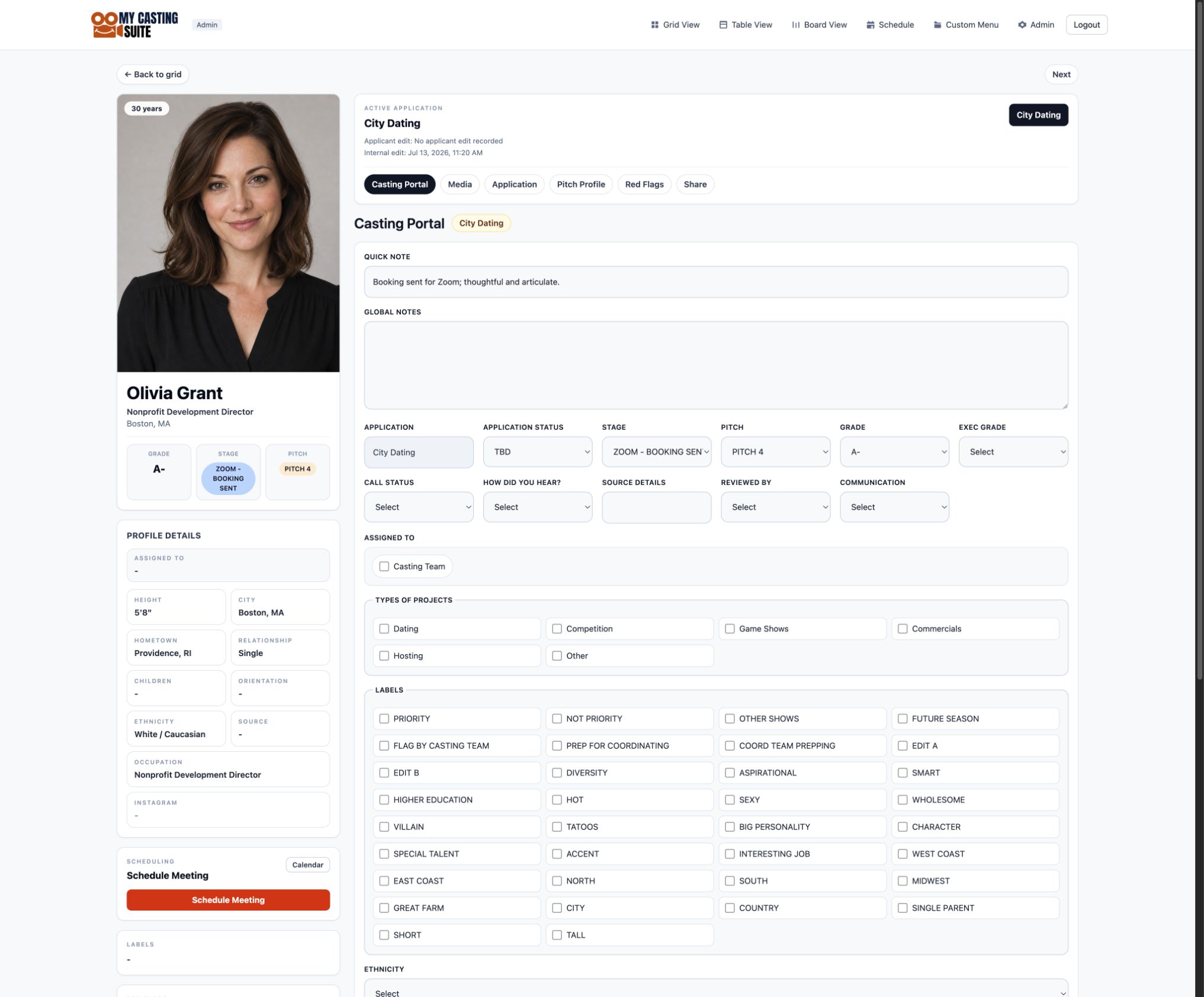 My Casting Suite applicant detail page with profile, application answers, notes, workflow status, and scheduling